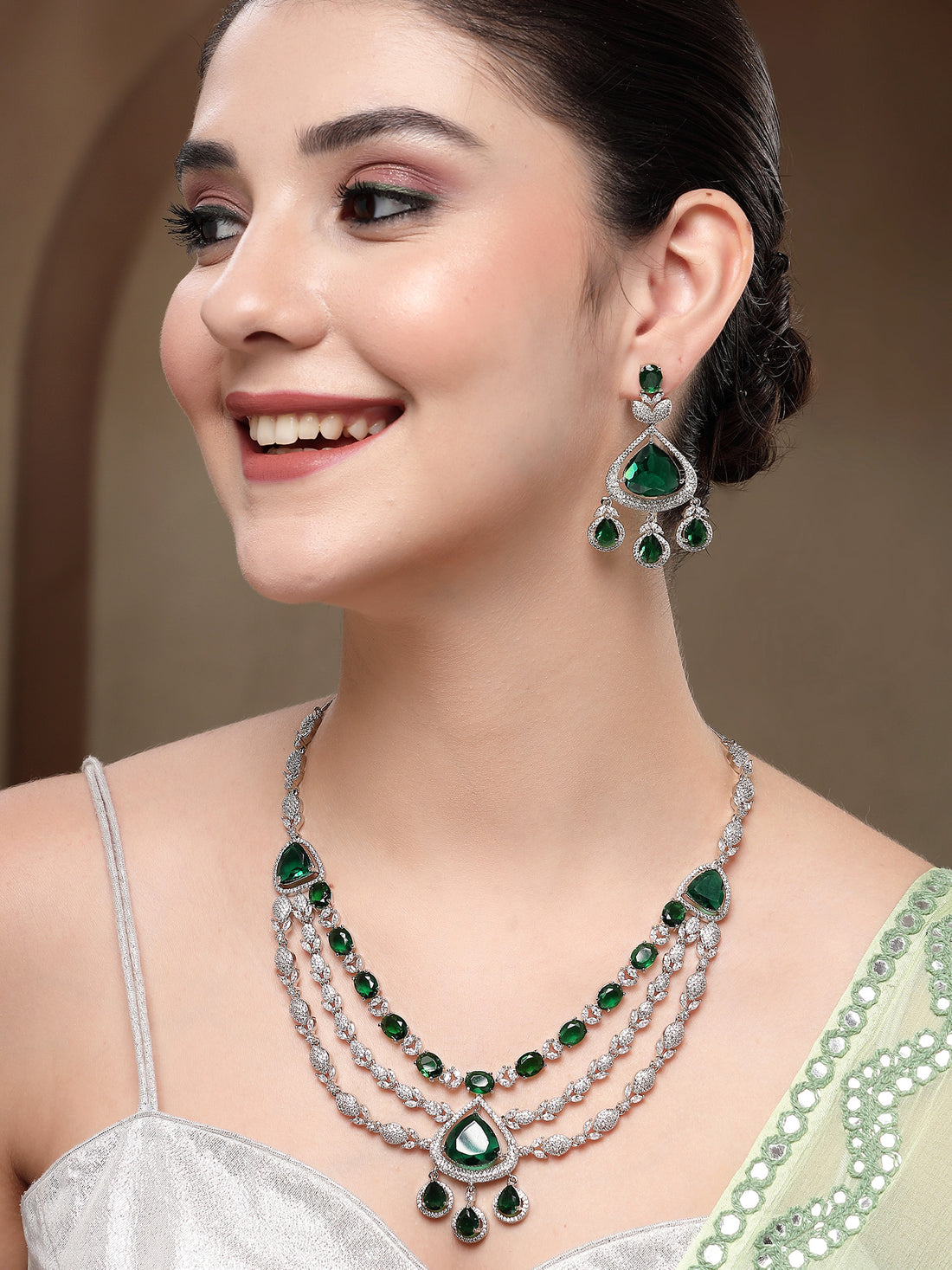 KARATCART Dazzling Multi-Layer Green American Diamond Silver-Plated Jewellery Set for Women