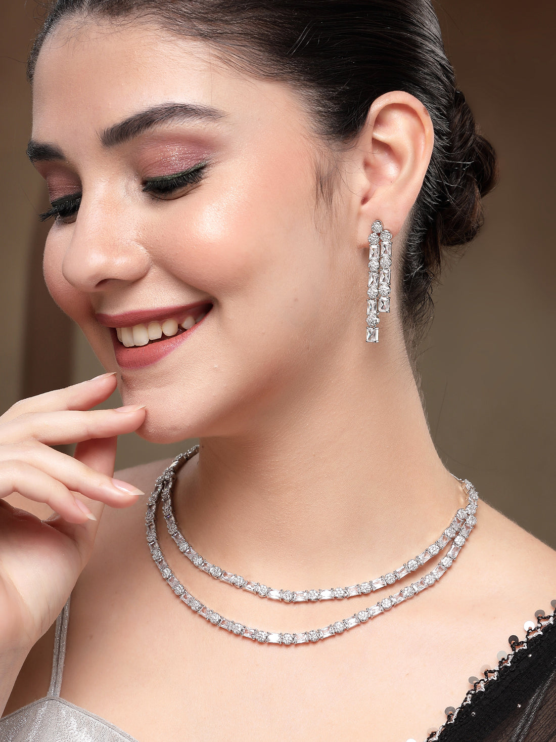 KARATCART Sparkling American Diamond Lightweight Silver-Tone Jewellery Set for Women