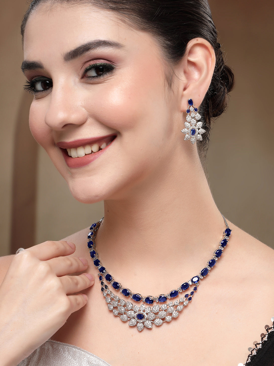 KARATCART Luxurious Blue American Diamond Silver-Plated Floral Jewellery Set for Women
