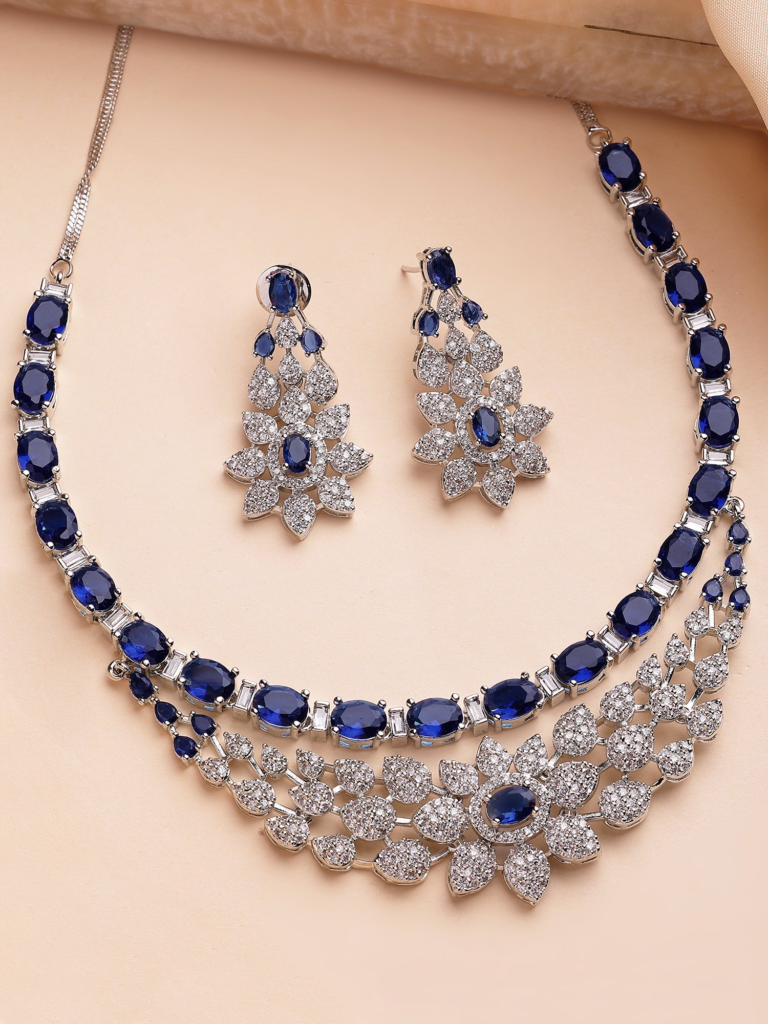 KARATCART Luxurious Blue American Diamond Silver-Plated Floral Jewellery Set for Women