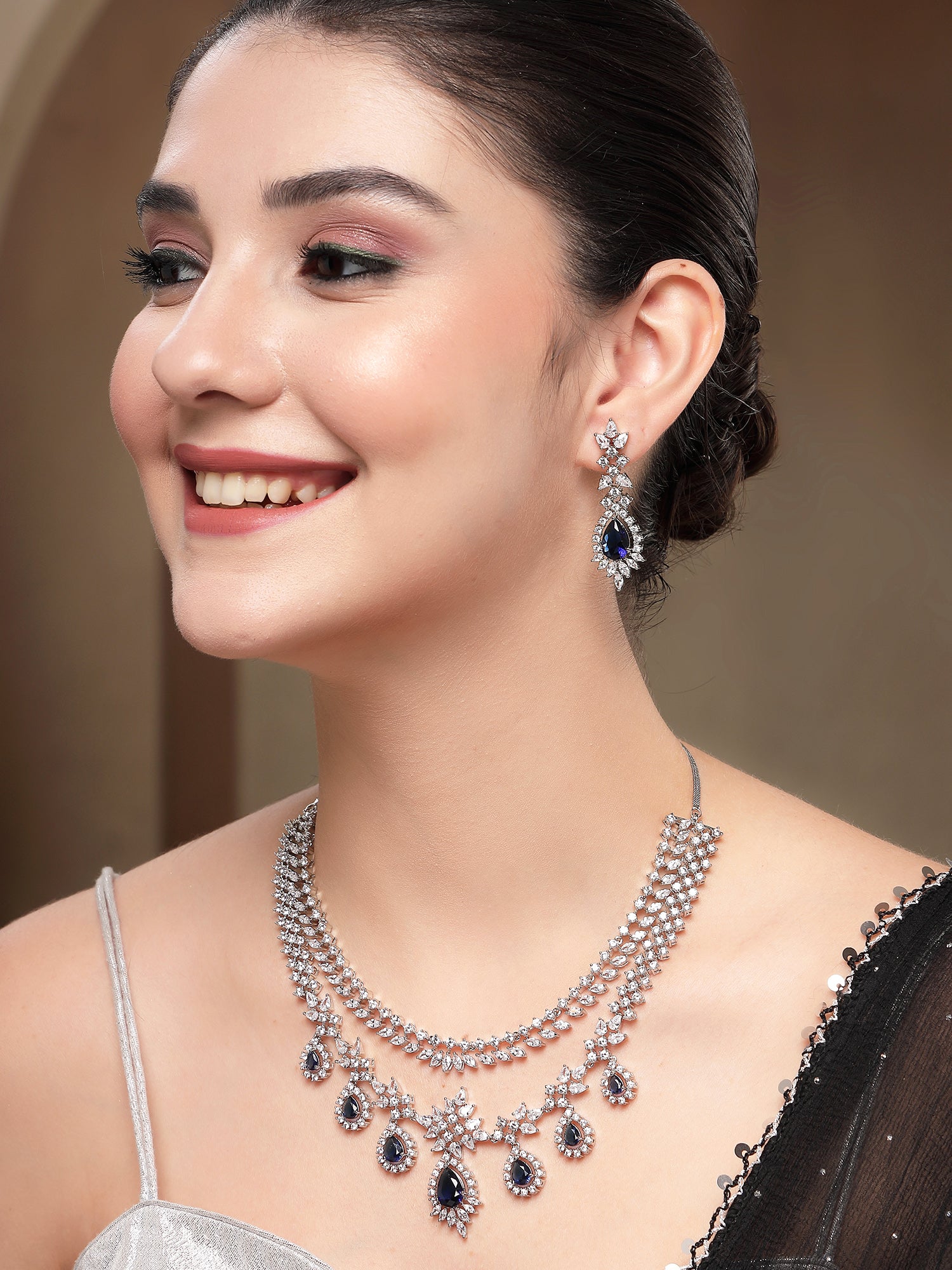 KARATCART Designer Silver-Plated Blue Teardrop American Diamond Jewellery Set for Women