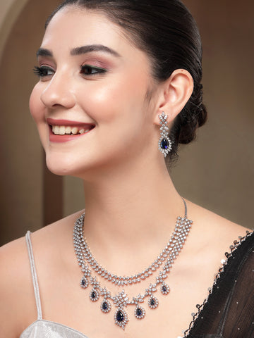 KARATCART Designer Silver-Plated Blue Teardrop American Diamond Jewellery Set for Women