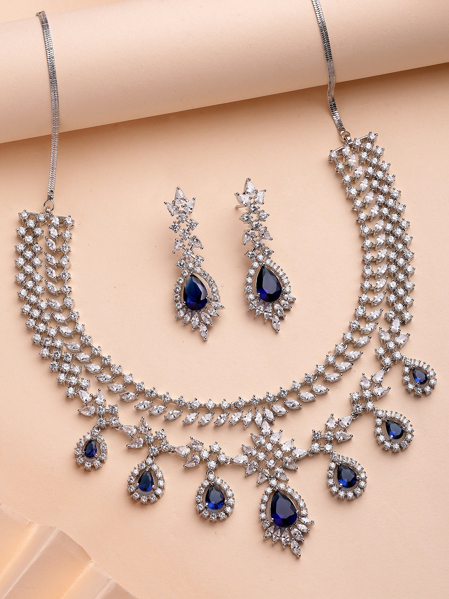 KARATCART Designer Silver-Plated Blue Teardrop American Diamond Jewellery Set for Women - view 3