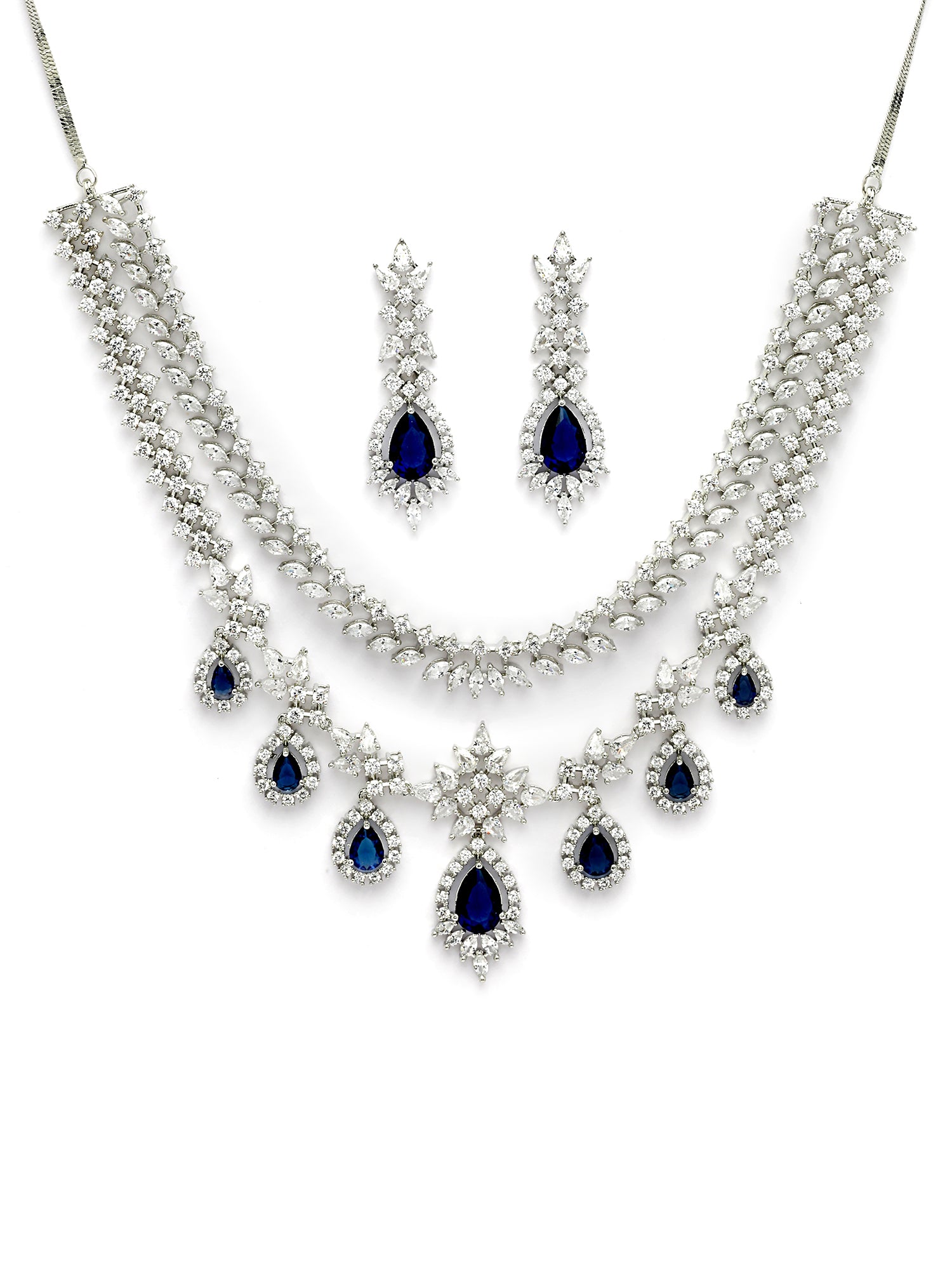 KARATCART Designer Silver-Plated Blue Teardrop American Diamond Jewellery Set for Women - view 4