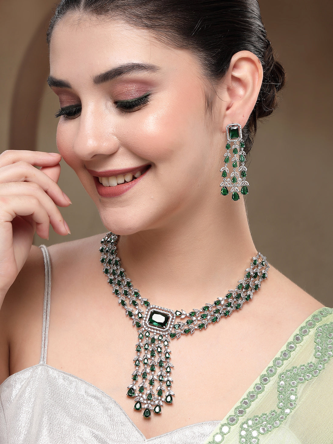 KARATCART Dazzling Green Multi-Layer American Diamond Silver-Plated Jewellery Set for Women