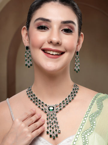 KARATCART Dazzling Green Multi-Layer American Diamond Silver-Plated Jewellery Set for Women