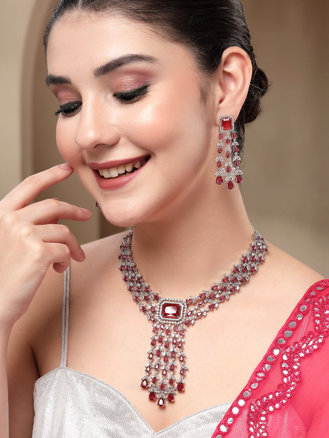 KARATCART Dazzling Red Multi-Layer American Diamond Silver-Plated Jewellery Set for Women