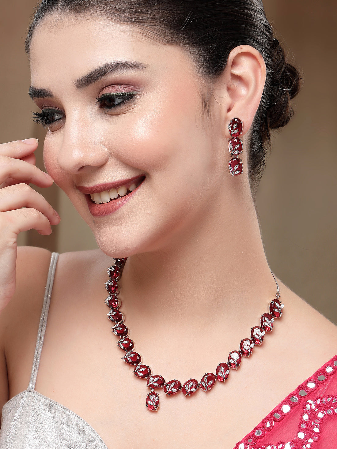 KARATCART Classic Oval Red Leaf Design American Diamond Silver-Plated Jewellery Set for Women