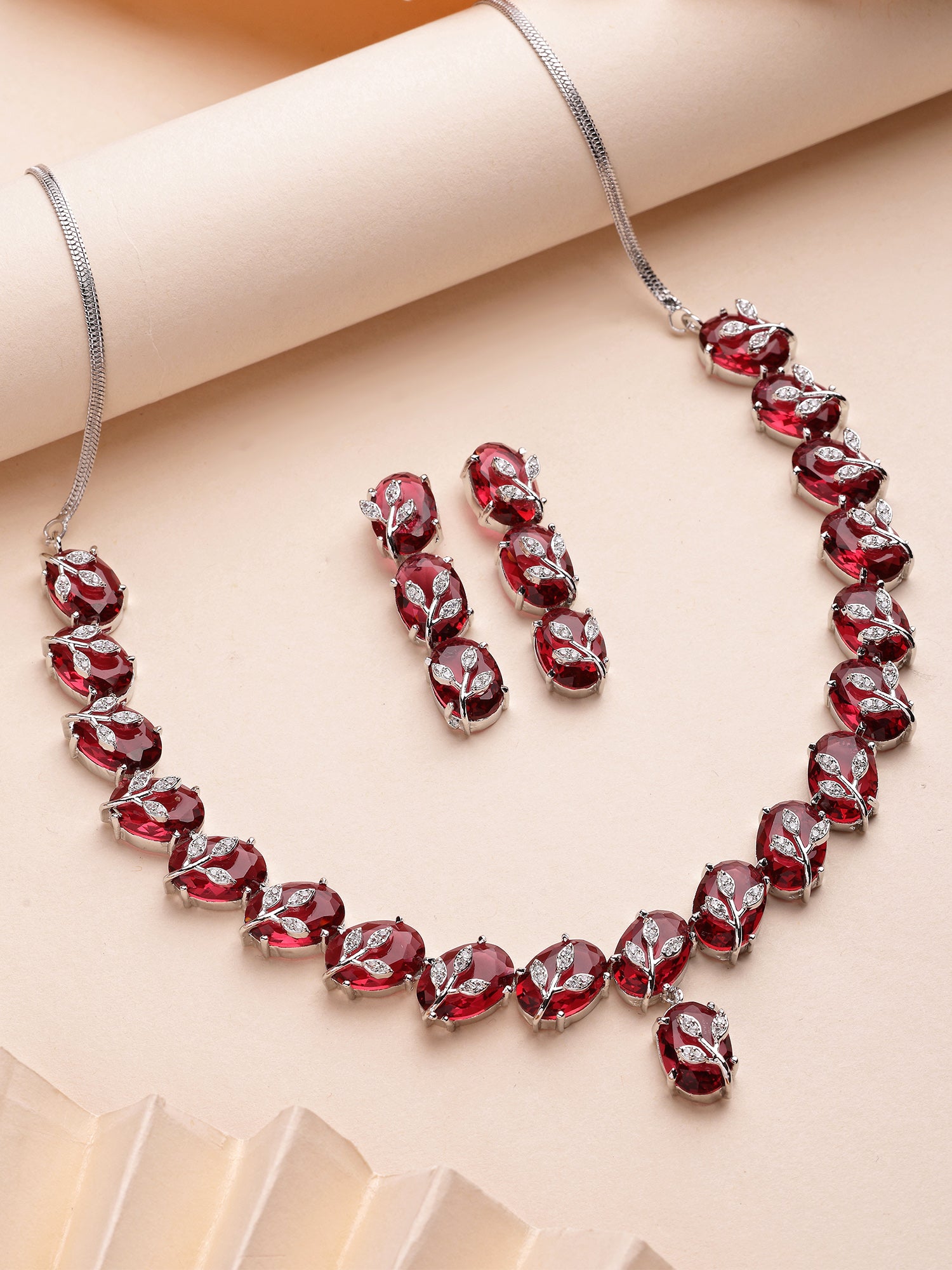 KARATCART Classic Oval Red Leaf Design American Diamond Silver-Plated Jewellery Set for Women