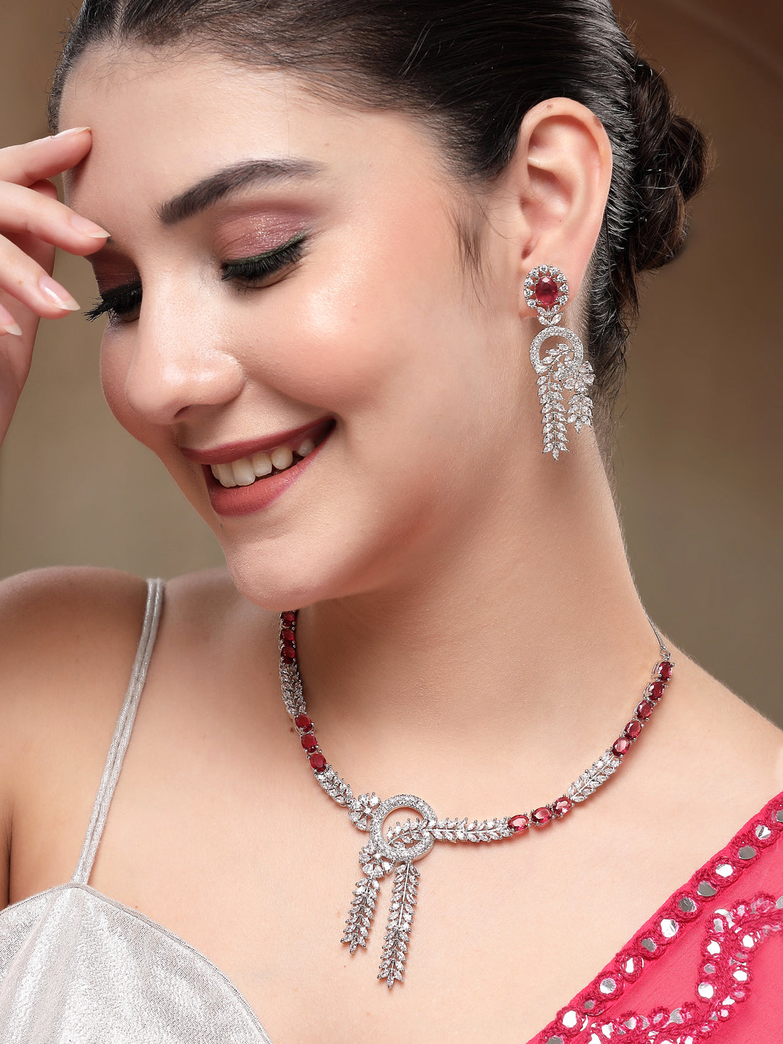 KARATCART Classic Oval Red Leaf Design American Diamond Silver-Plated Jewellery Set for Women