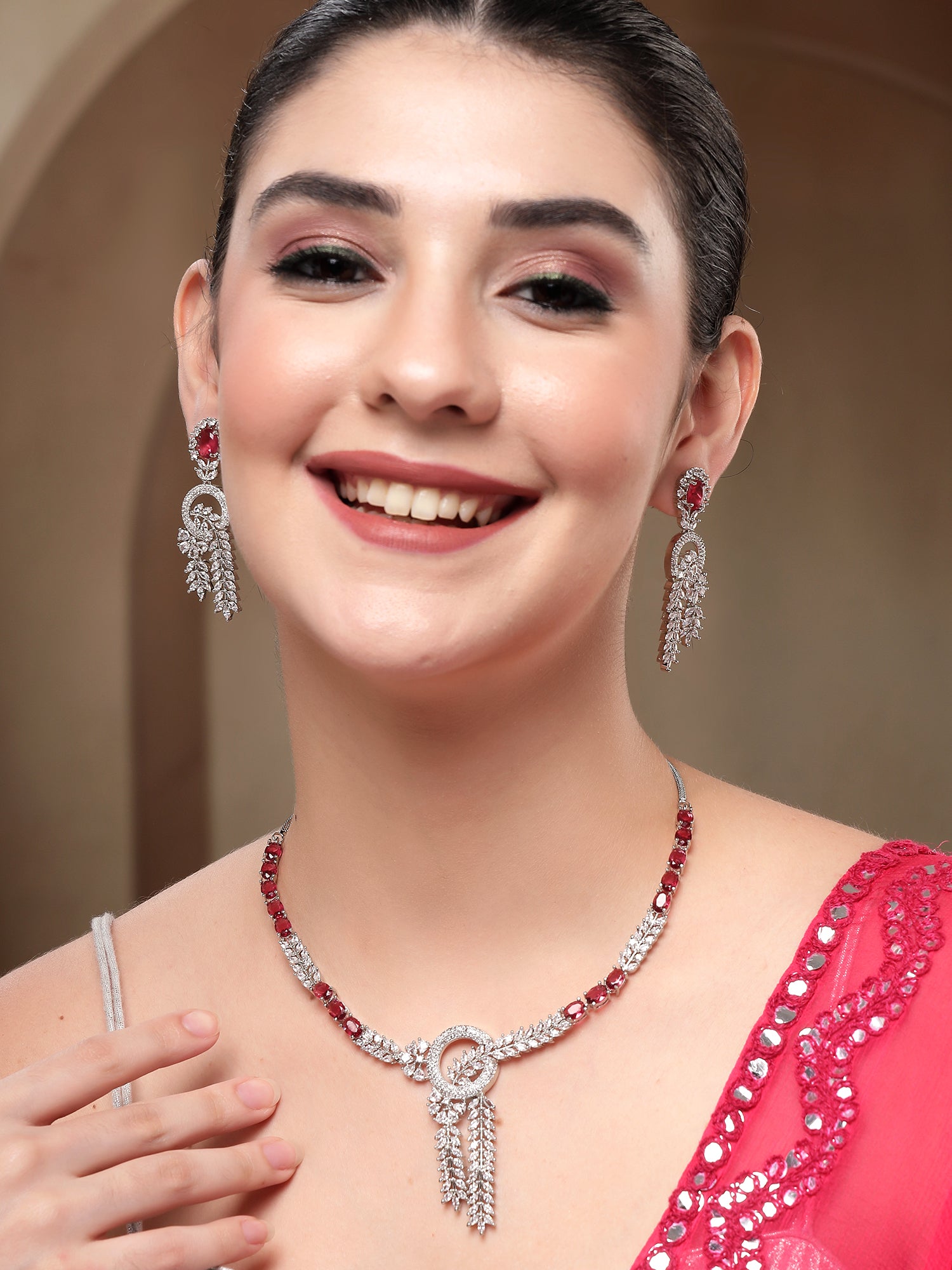 KARATCART Classic Oval Red Leaf Design American Diamond Silver-Plated Jewellery Set for Women - view 3