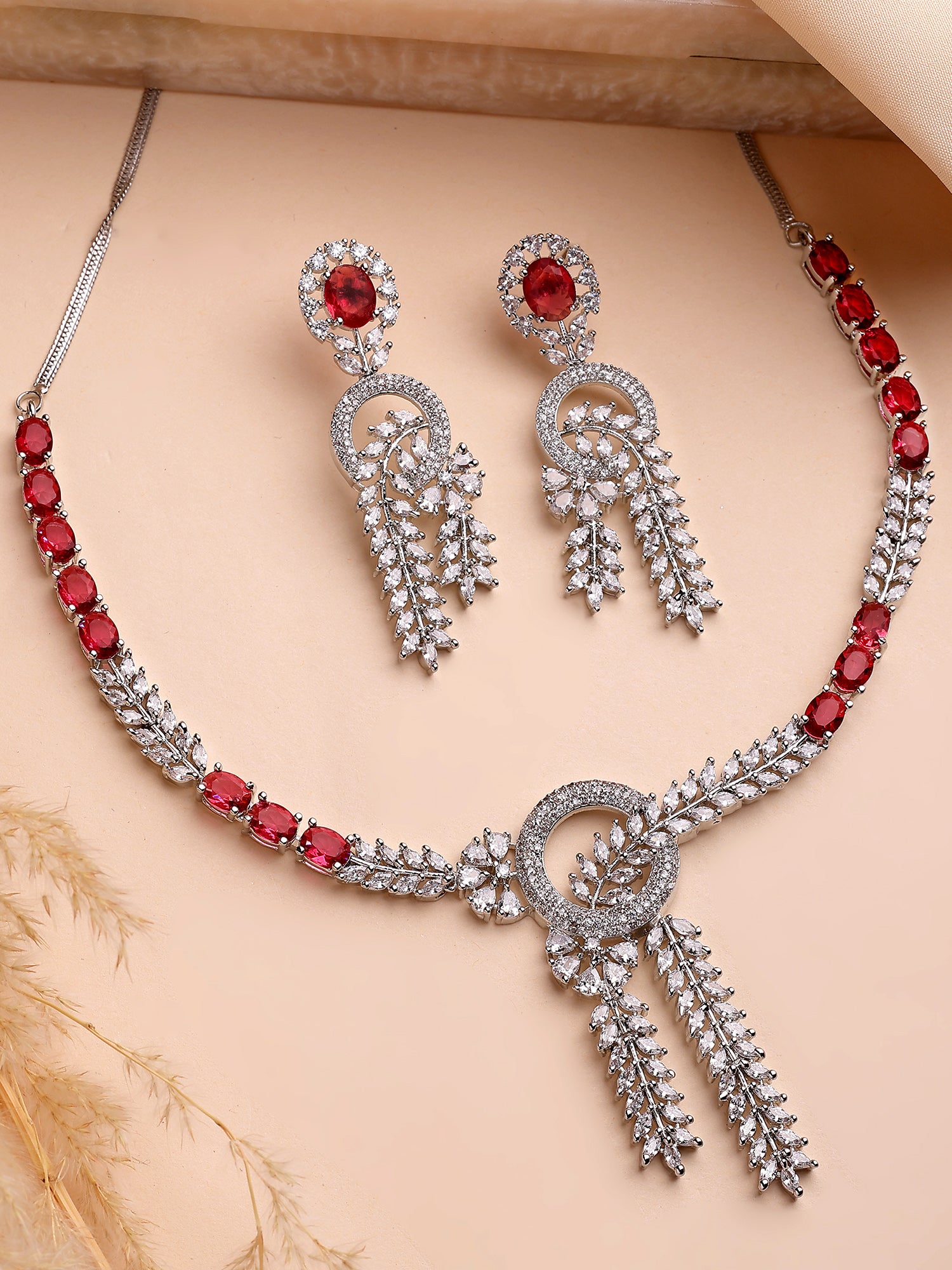 KARATCART Classic Oval Red Leaf Design American Diamond Silver-Plated Jewellery Set for Women - Image 1