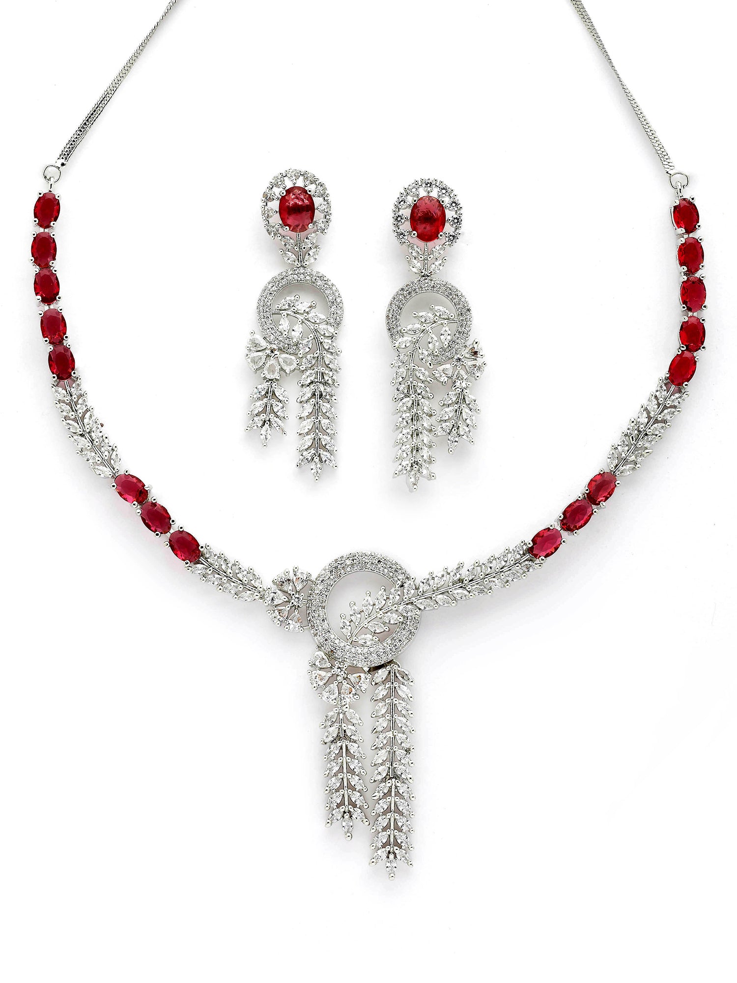 KARATCART Classic Oval Red Leaf Design American Diamond Silver-Plated Jewellery Set for Women - view 4