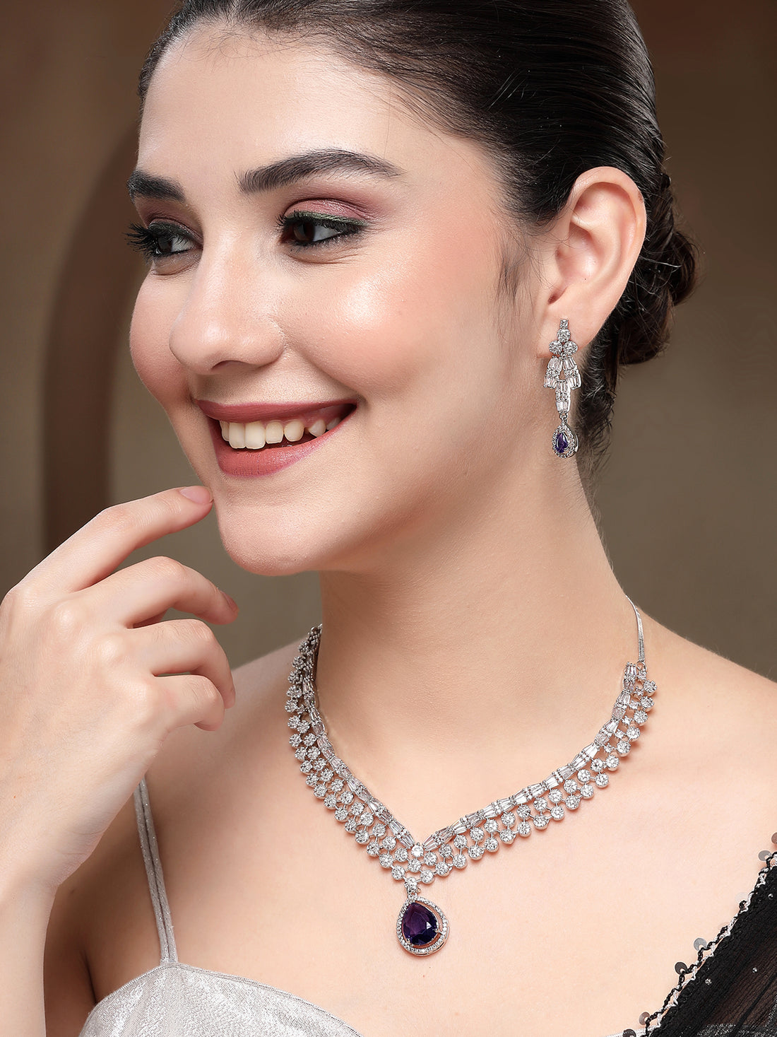 KARATCART Elegant Blue American Diamond Silver-Plated Premium Jewellery Set for Women