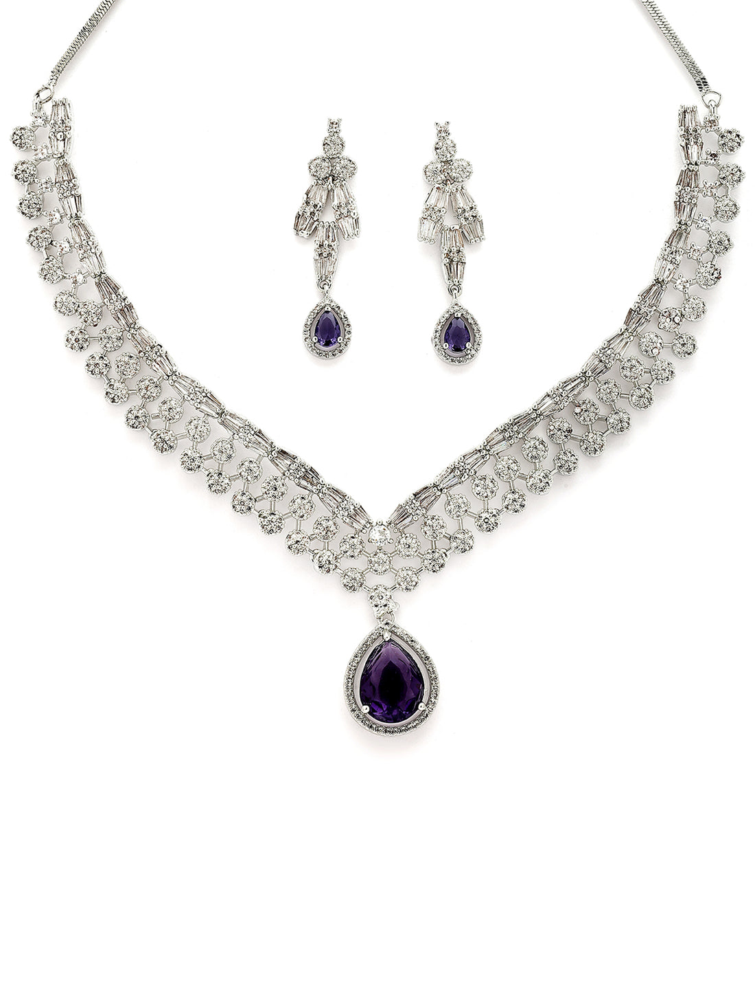 KARATCART Elegant Blue American Diamond Silver-Plated Premium Jewellery Set for Women