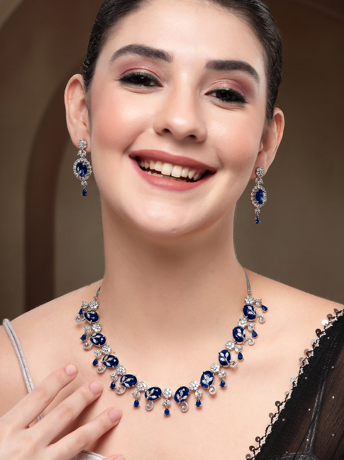 KARATCART Designer Silver-Plated Blue Teardrop American Diamond Jewellery Set for Women
