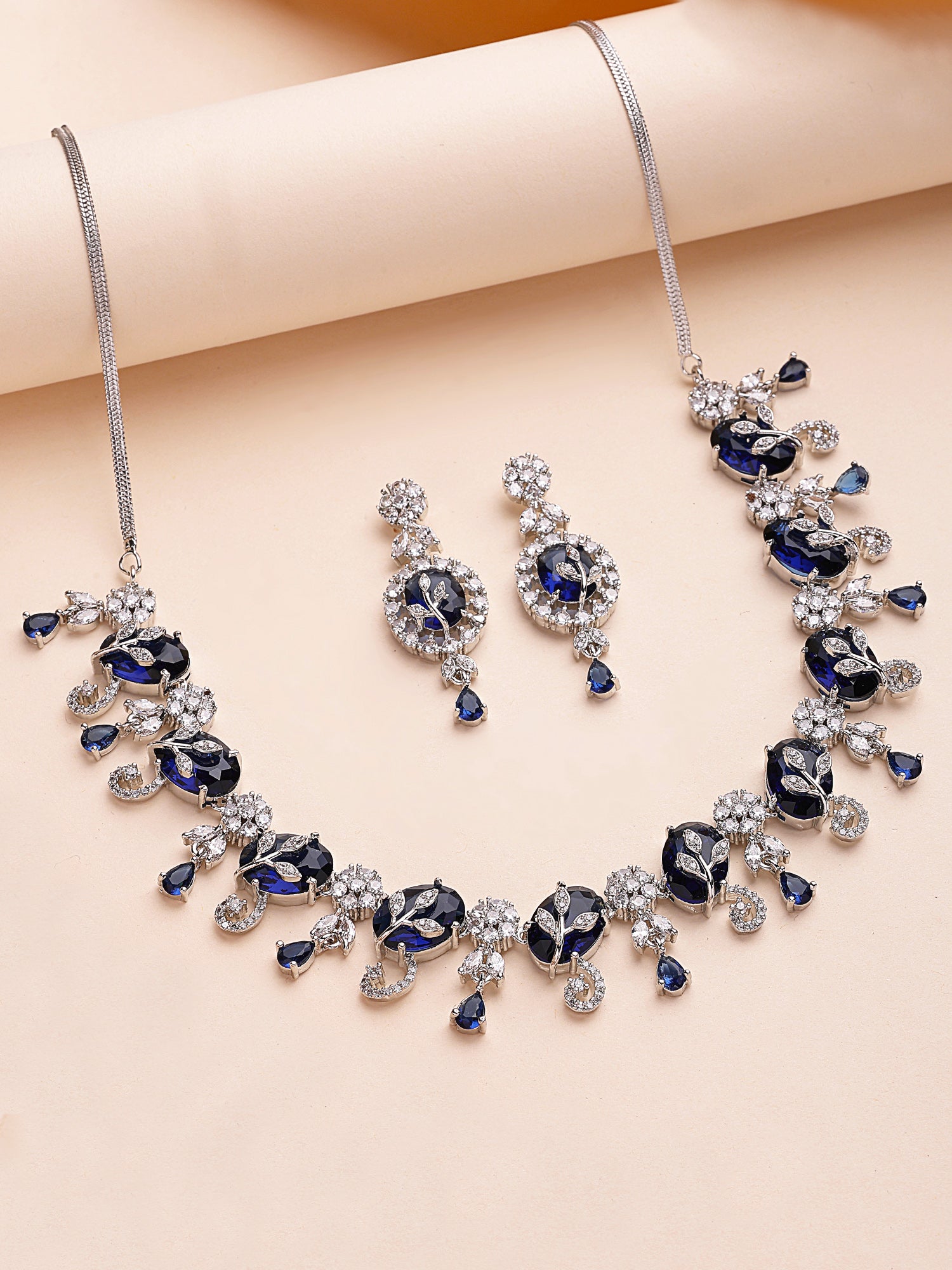 KARATCART Classic Oval Blue Leaf Design American Diamond Silver-Plated Jewellery Set for Women