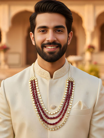 Karatcart Luxurious Red Tumble Stone and Polki Kundan Maharaja Haar for Men