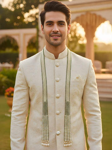 KARATCART Luxurious Green Crystal and Pearl Beaded Handcrafted Maharaja Haar Necklace for Men