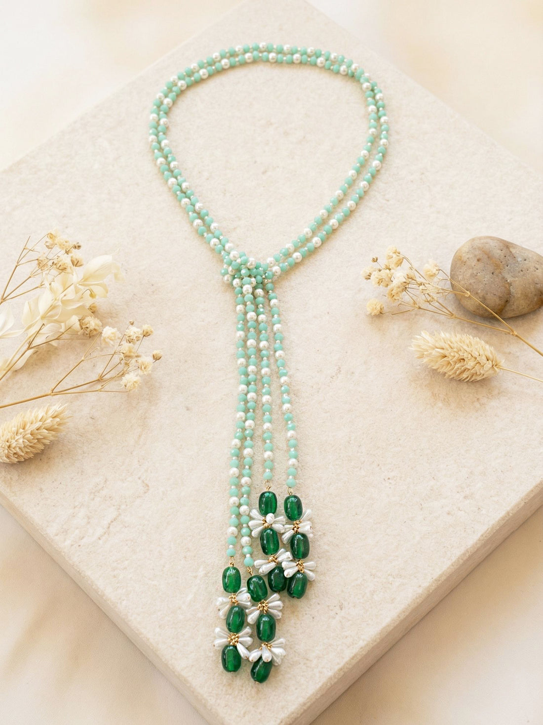 KARATCART Designer Green Sea Crystal and Pearl Beaded Multi Layer Long Necklace for Women