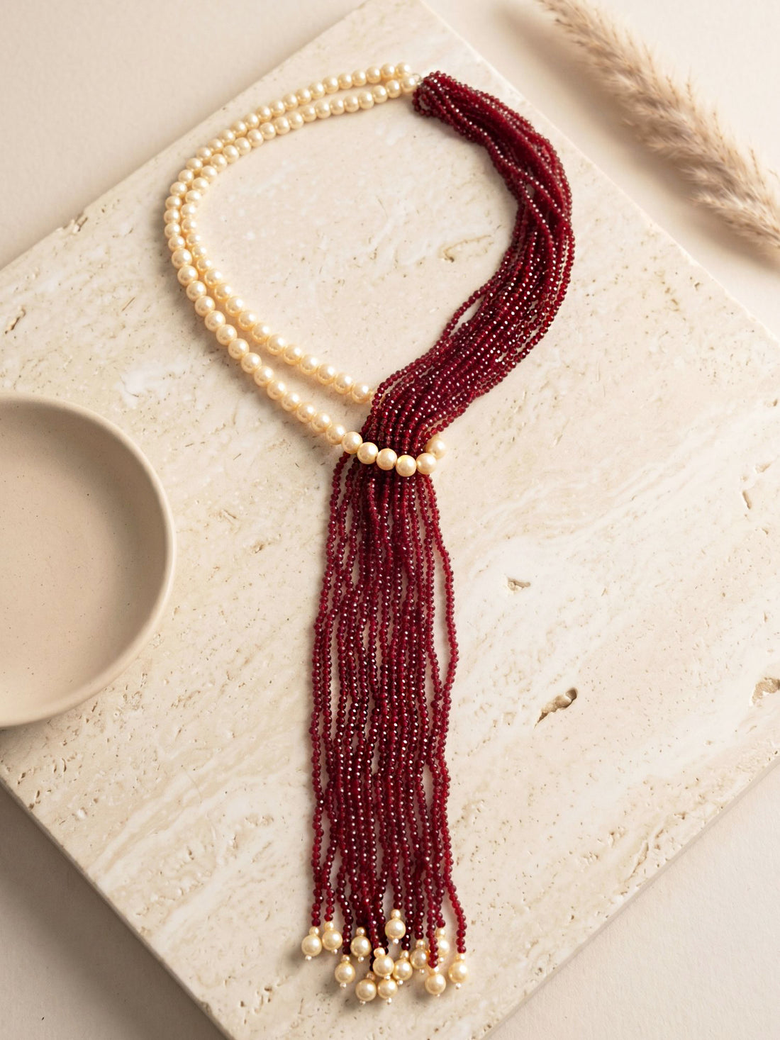 KARATCART Designer Golden Pearl and Red Crystal Necklace for Women