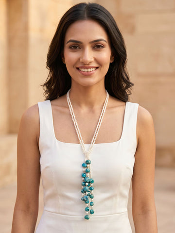 KARATCART Designer Turquoise Blue Stone and Multi Layer White Pearl Beaded Necklace for Women