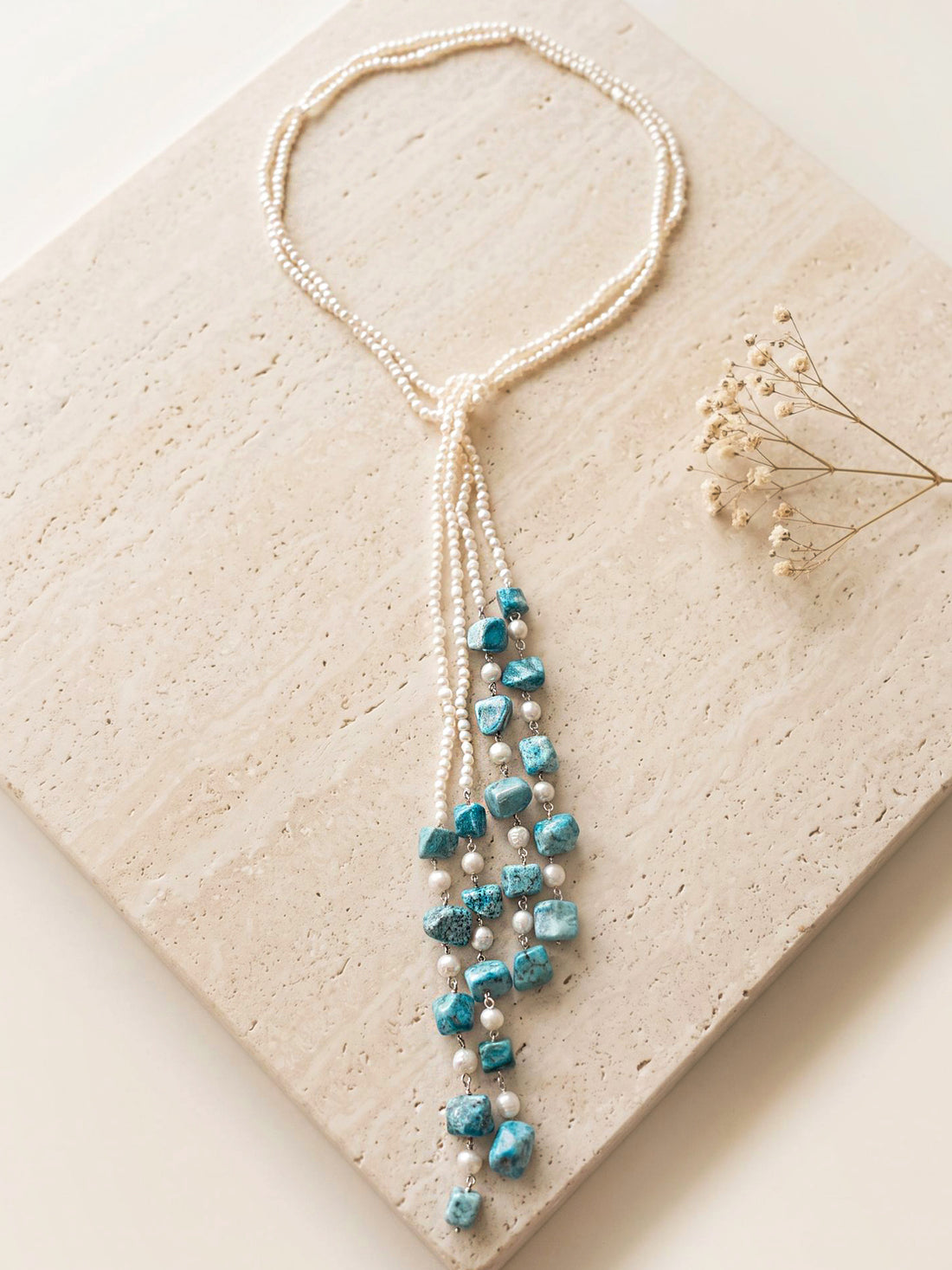 KARATCART Designer Turquoise Blue Stone and Multi Layer White Pearl Beaded Necklace for Women