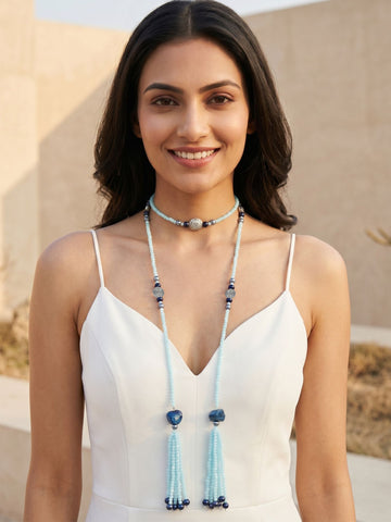KARATCART Designer Sky Blue Crystal and Navy Blue Stone Beaded Long Necklace for Women