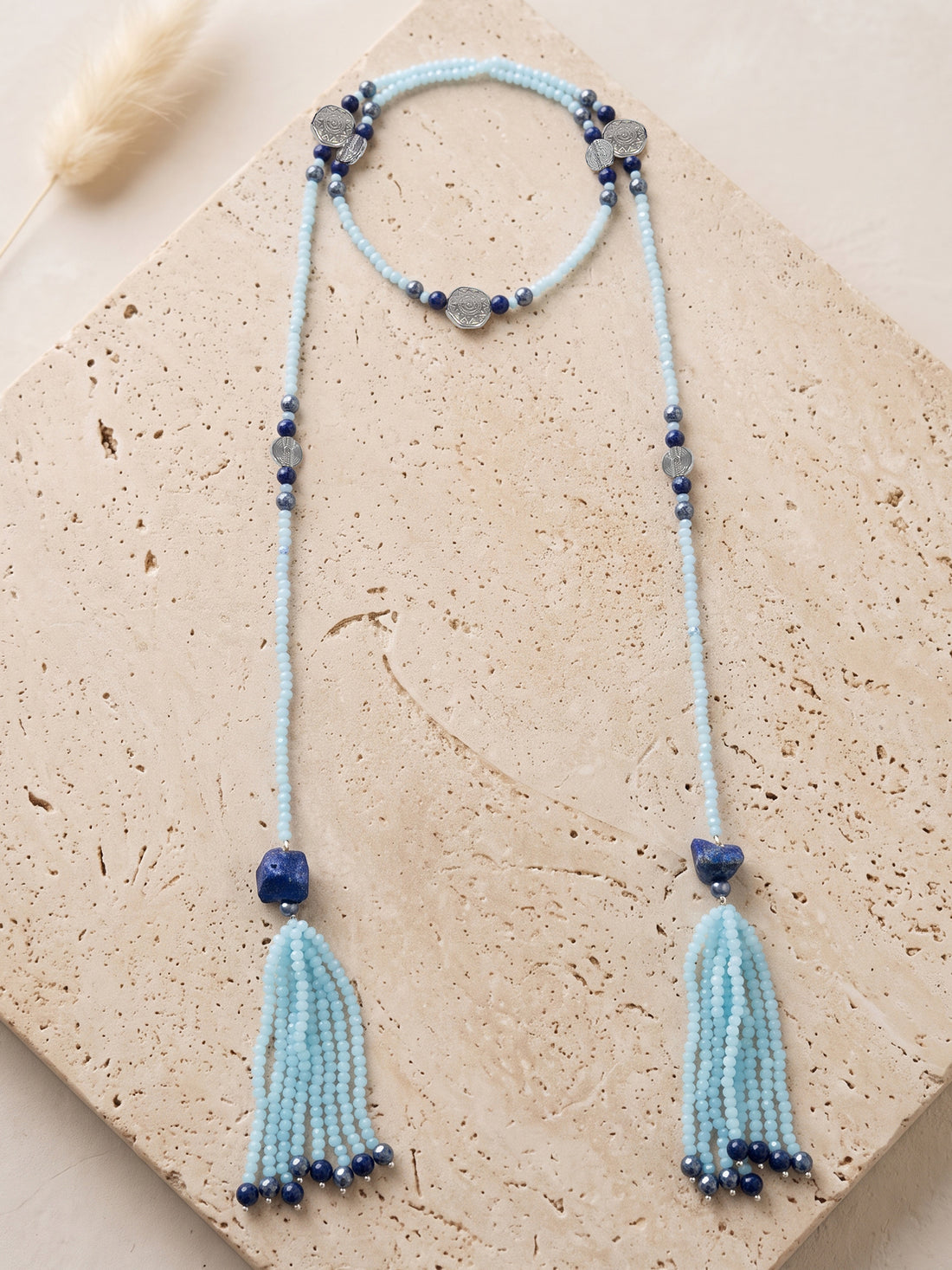 KARATCART Designer Sky Blue Crystal and Navy Blue Stone Beaded Long Necklace for Women
