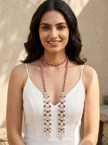 KARATCART Designer Purple and Rose Gold Pearl Beaded Long Tassel Necklace for Women
