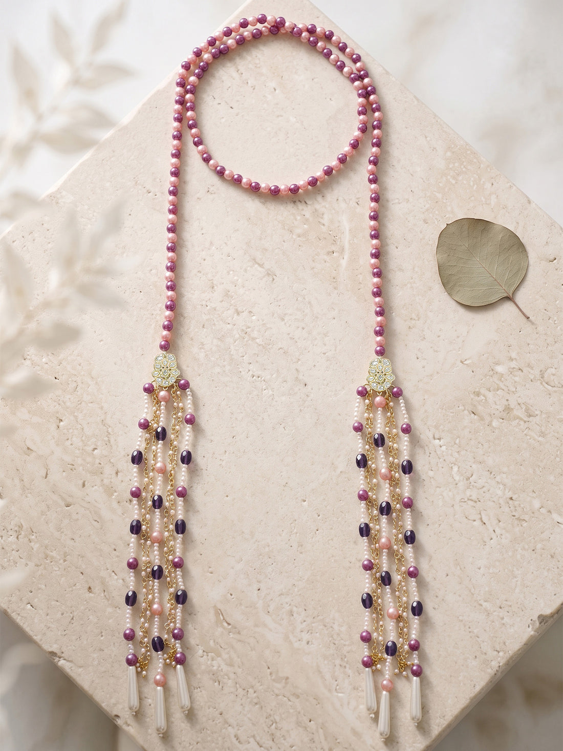KARATCART Designer Purple and Rose Gold Pearl Beaded Long Tassel Necklace for Women