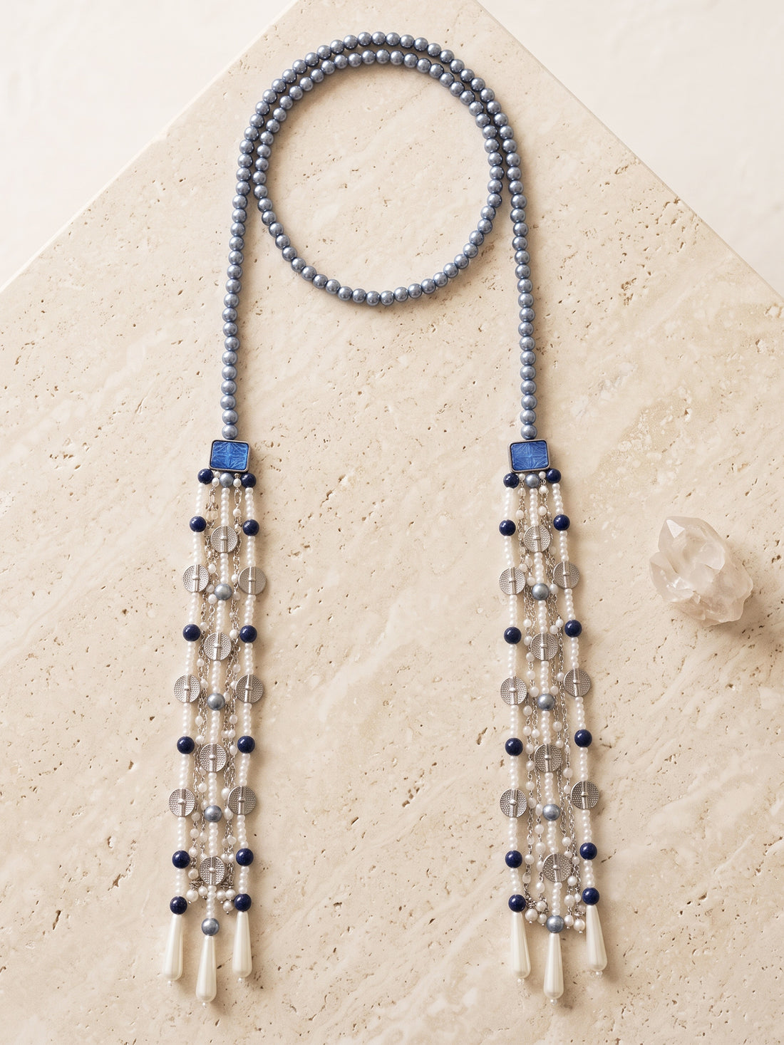 KARATCART Designer Steel Blue Pearl and Silver Coin Beaded Long Tassel Necklace for Women