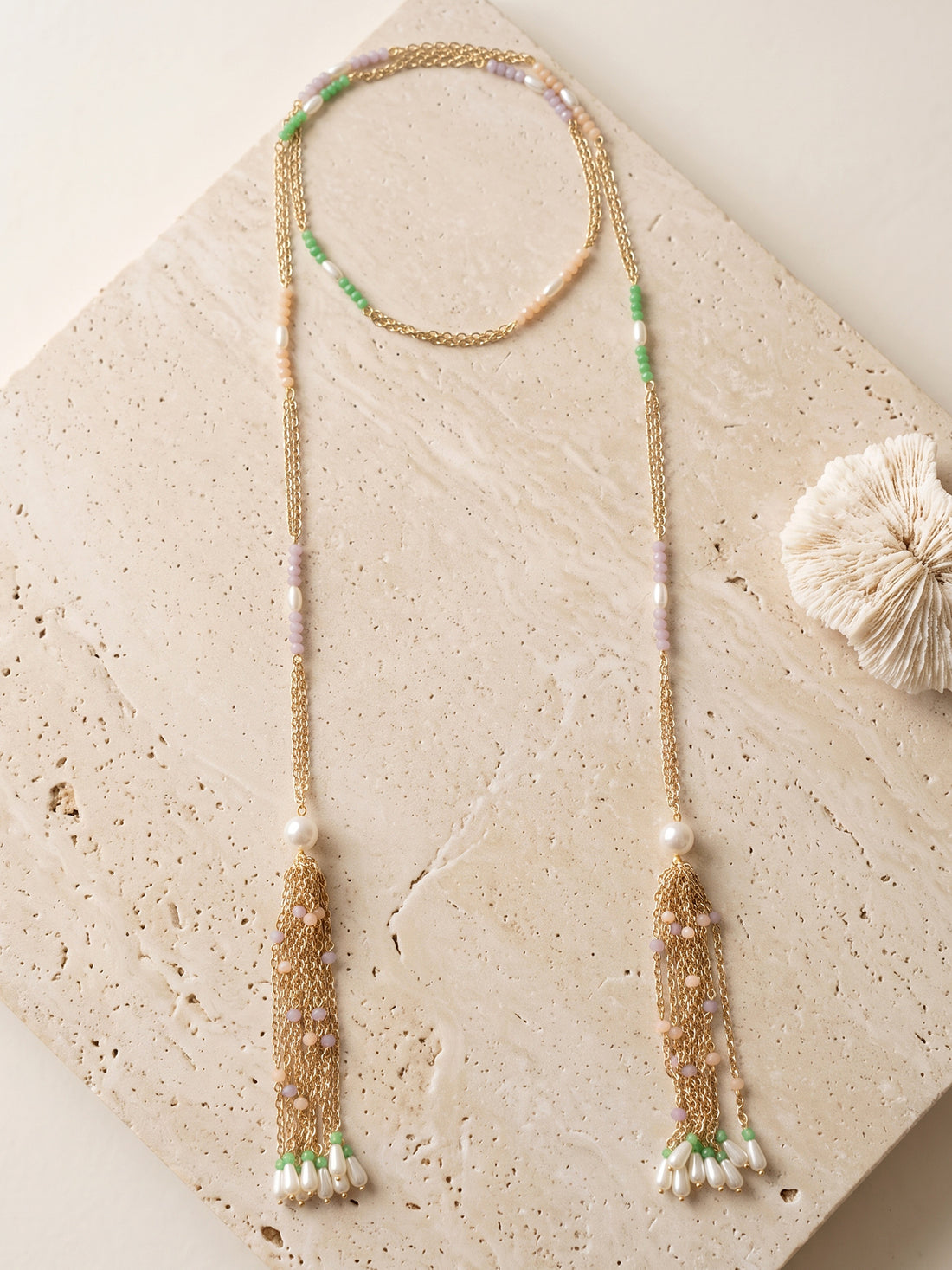 KARATCART Designer Multicolor Pastel Crystal and Pearl Beaded Long Tassel Chain Necklace for Women