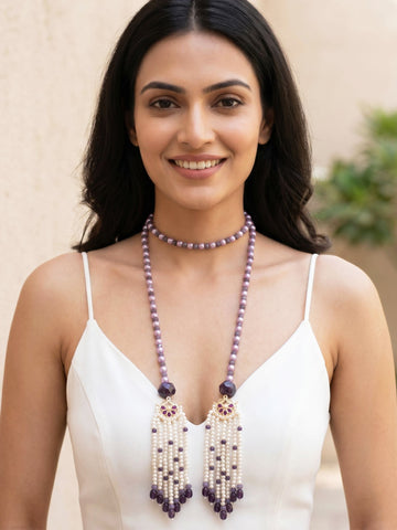 KARATCART Designer Purple Crystal and Silver Pearl Beaded Long Tassel Necklace for Women