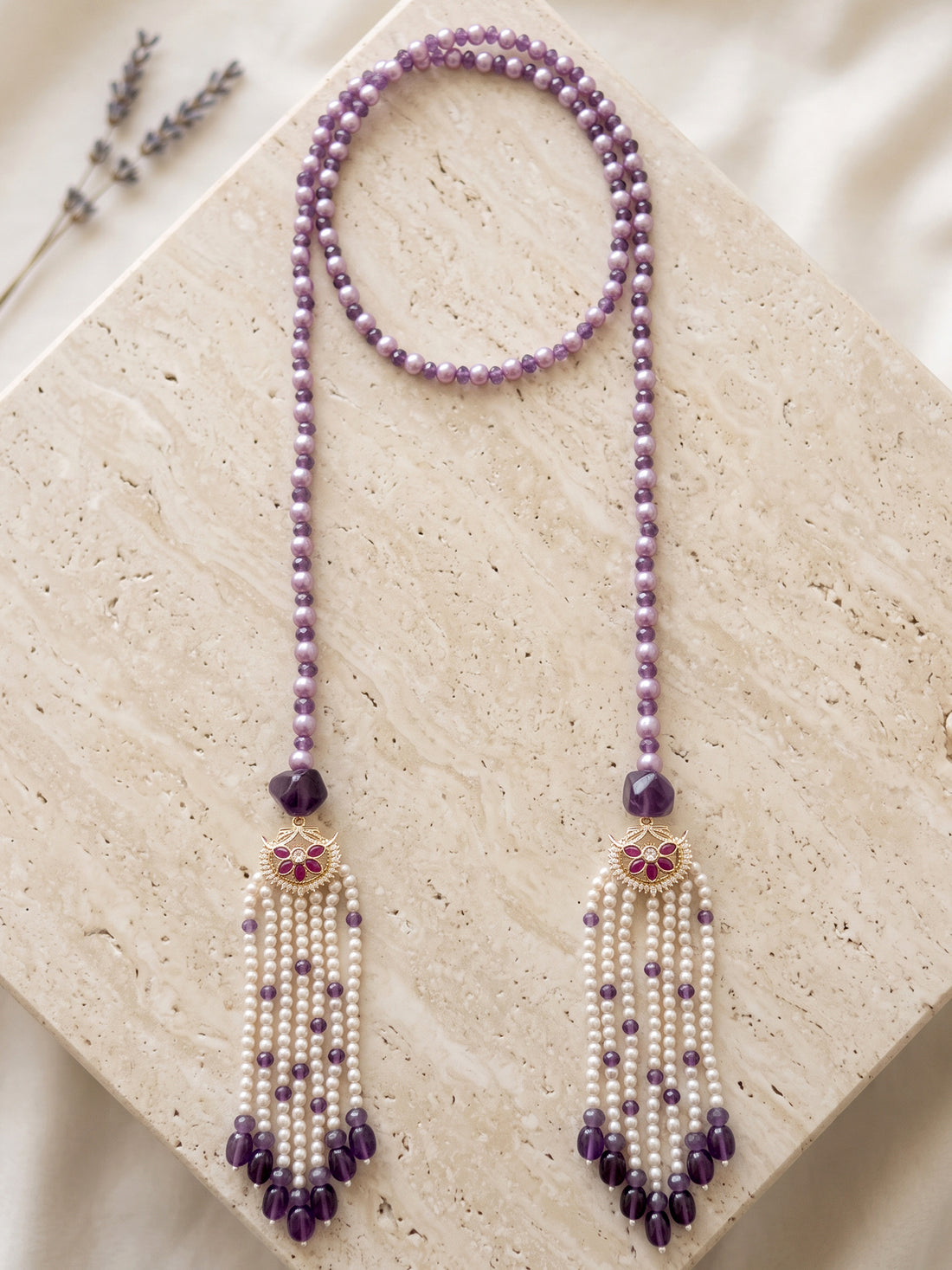 KARATCART Designer Purple Crystal and Silver Pearl Beaded Long Tassel Necklace for Women