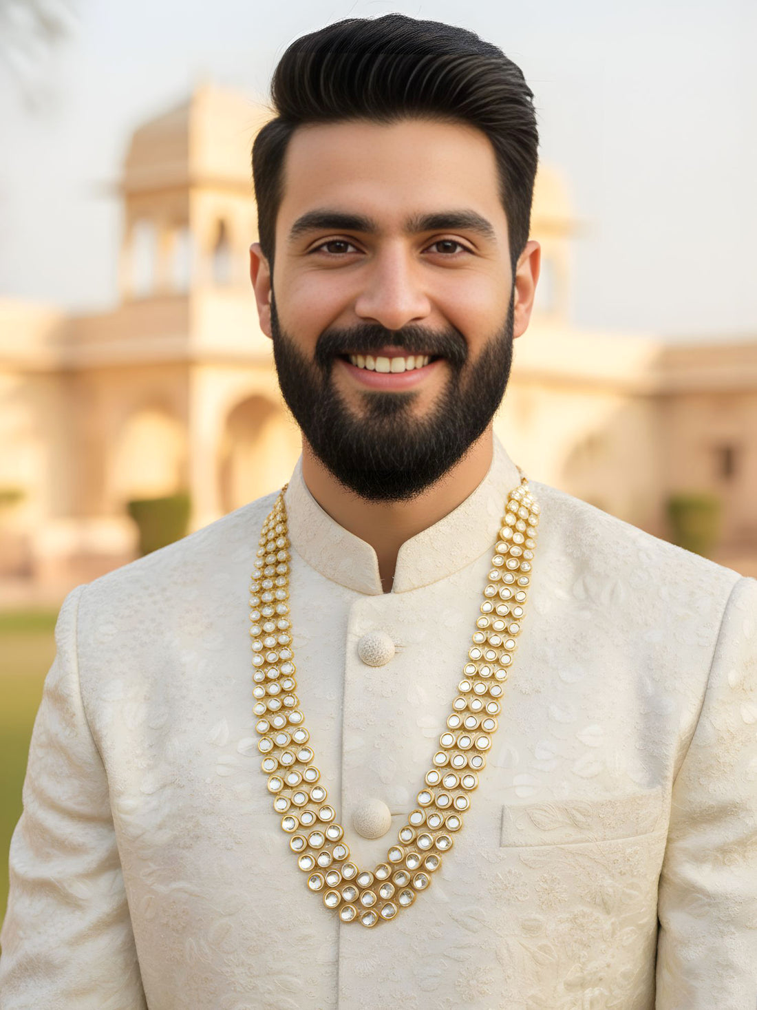 Traditional Gold Plated Kundan Maharaja Moti Mala for Men