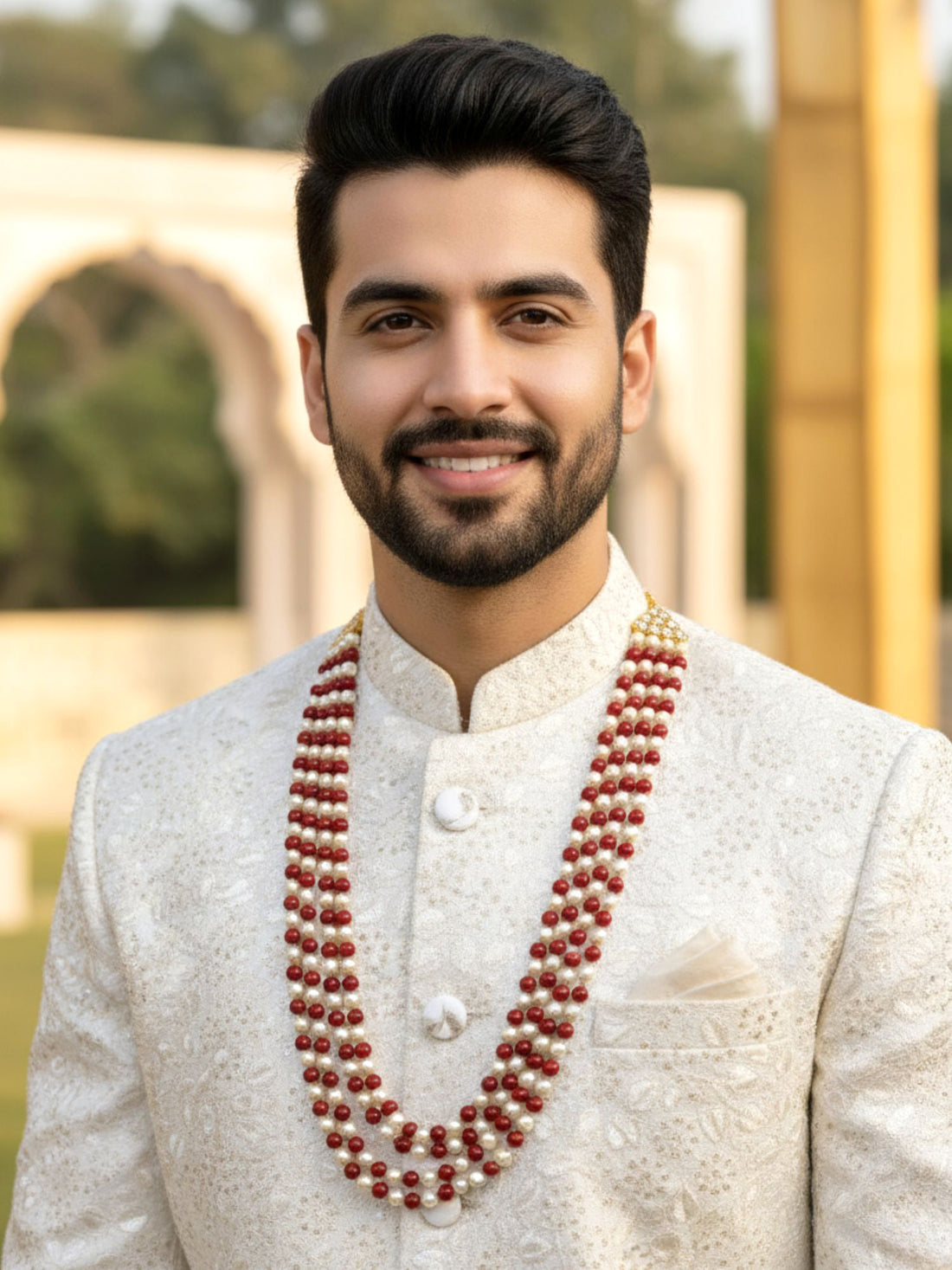 Traditional Red and White Beads Maharaja Moti Mala for Men