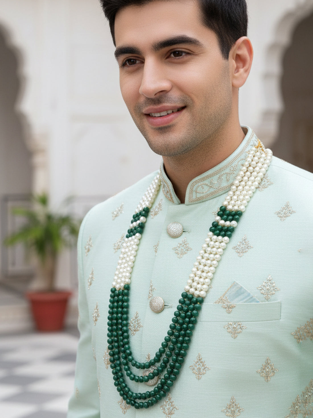 Traditional Green and White Beads Maharaja Moti Mala for Men