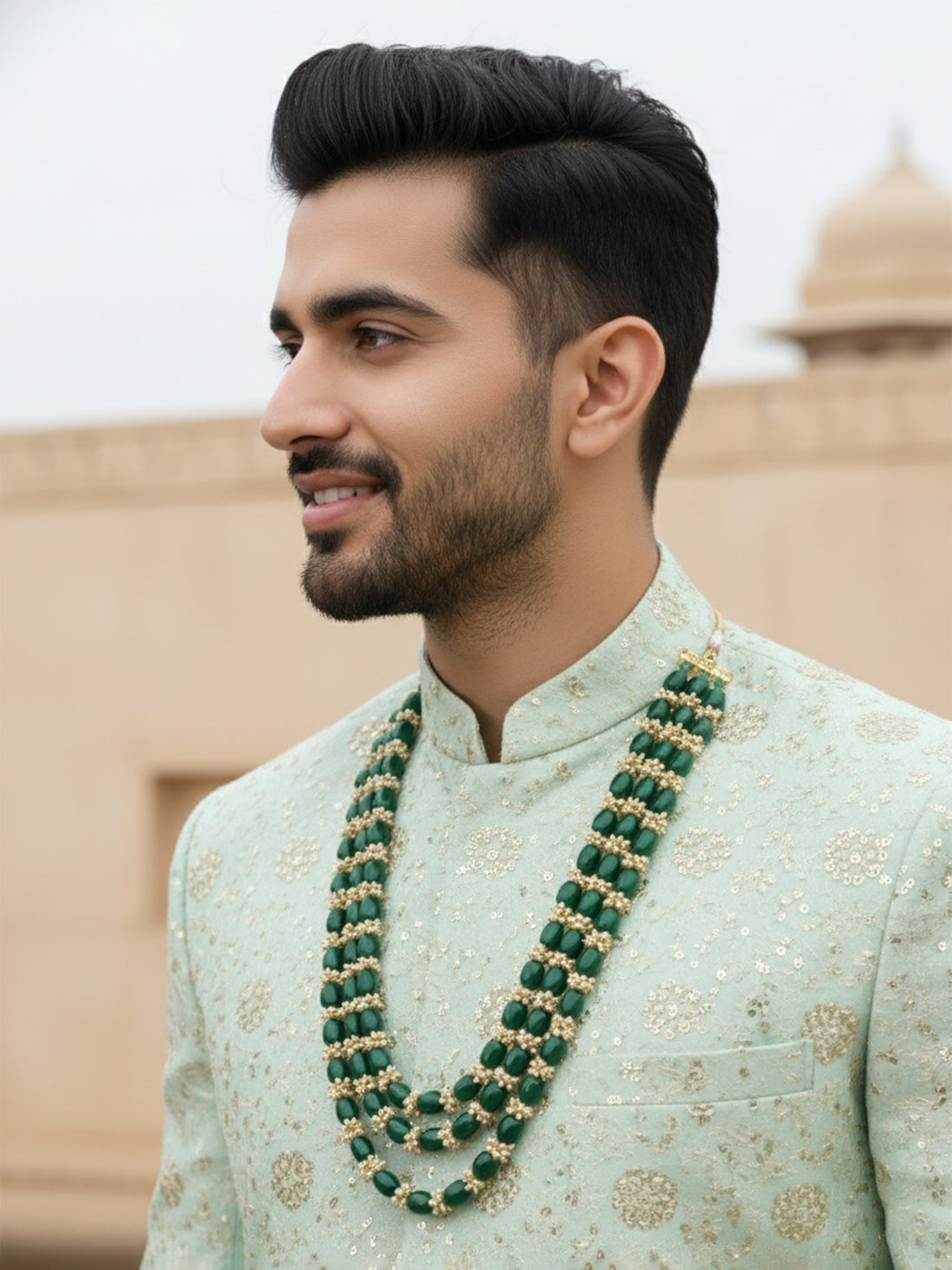 Green Beads with Tassel Multilayered Maharaja Moti Mala for Men