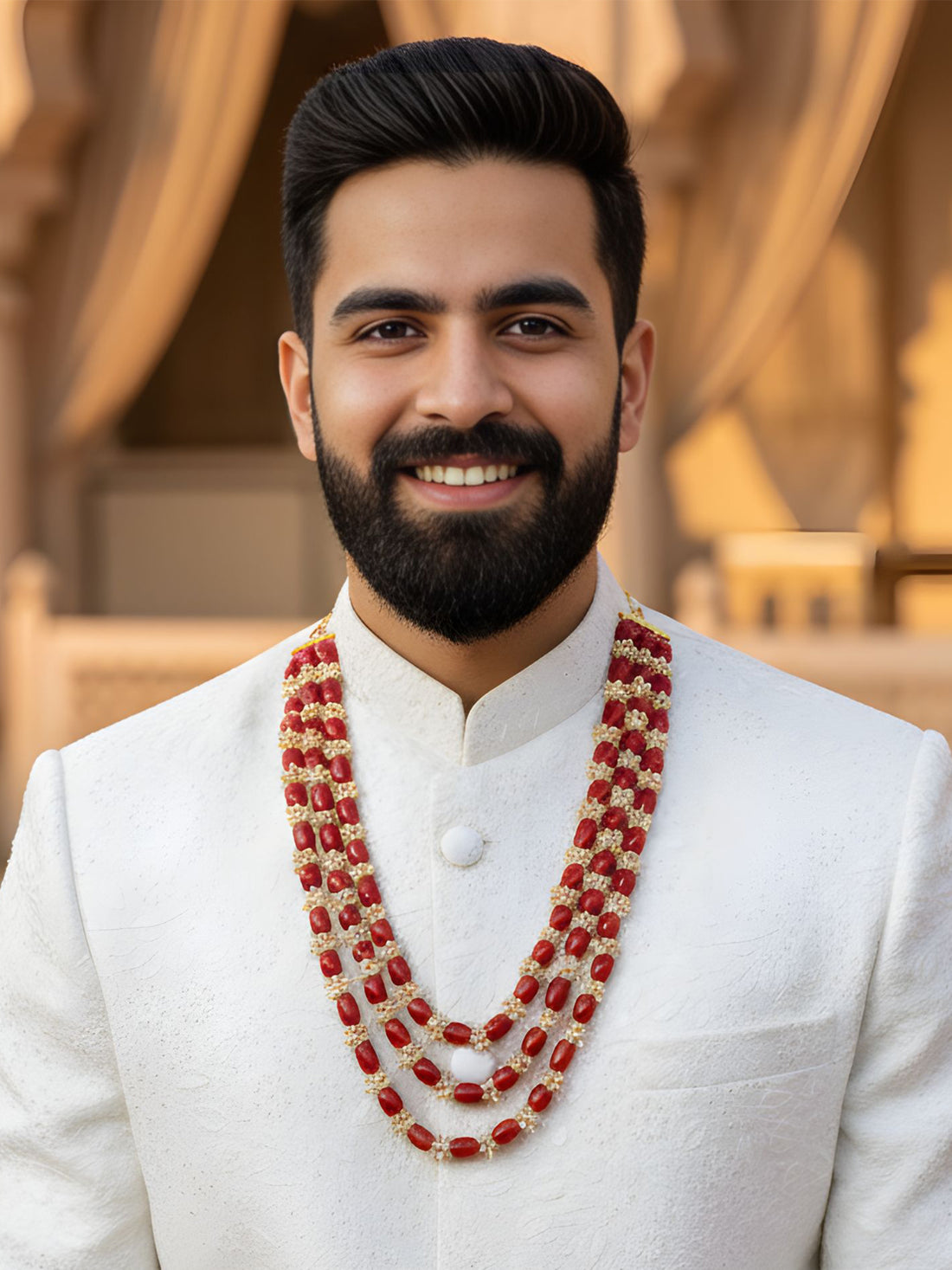 Red Beads with Tassel Multilayered Maharaja Moti Mala for Men