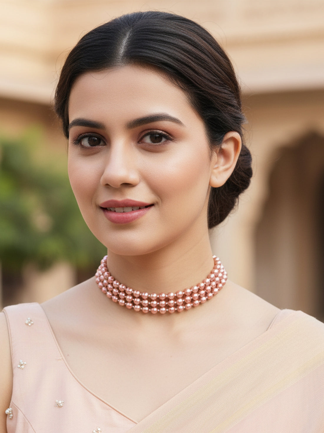 Rose Gold Pearl Beaded Choker Necklace