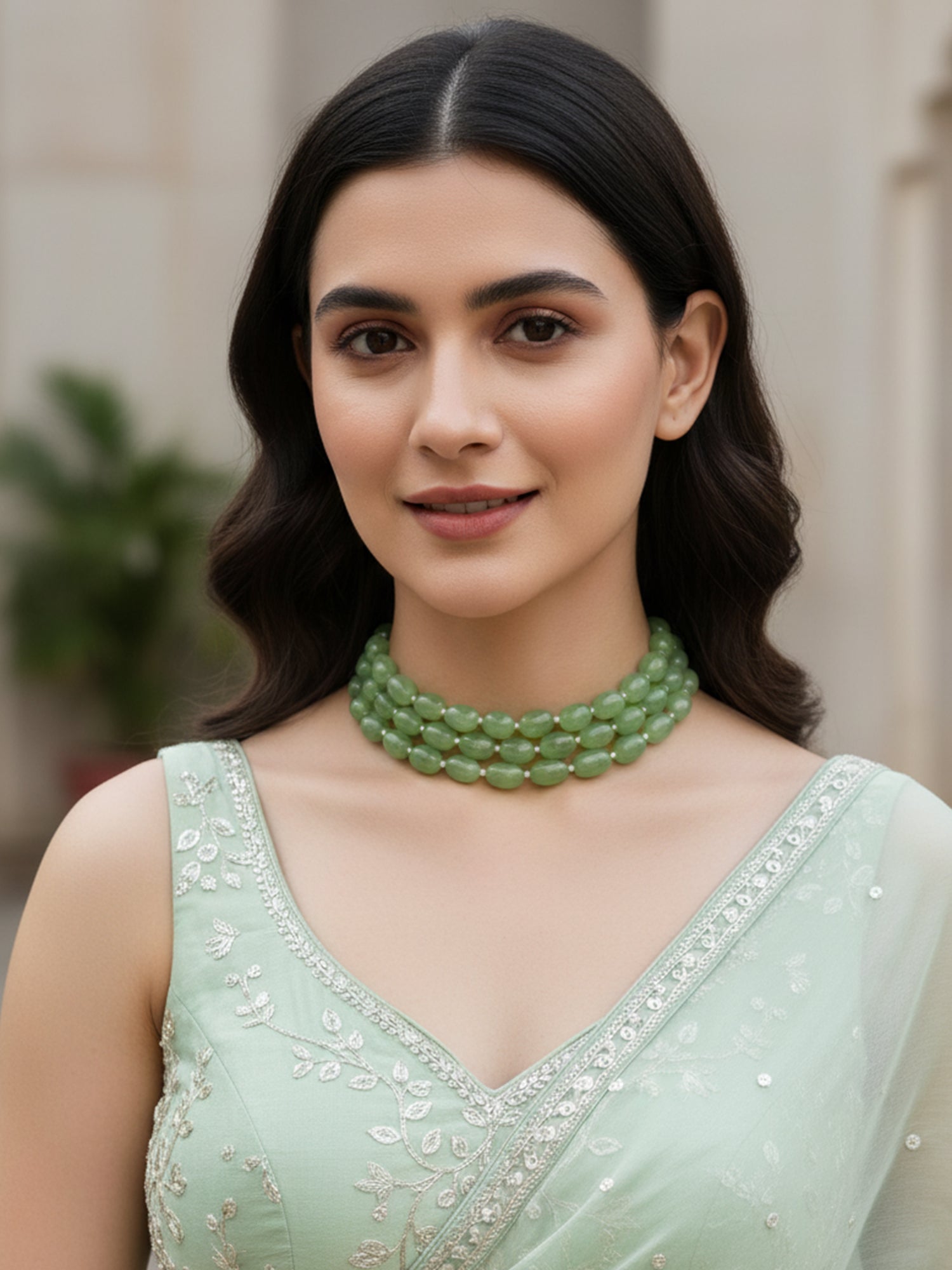 Karatcart Light Green Tumble Stone Studded Beaded Choker Necklace for Women