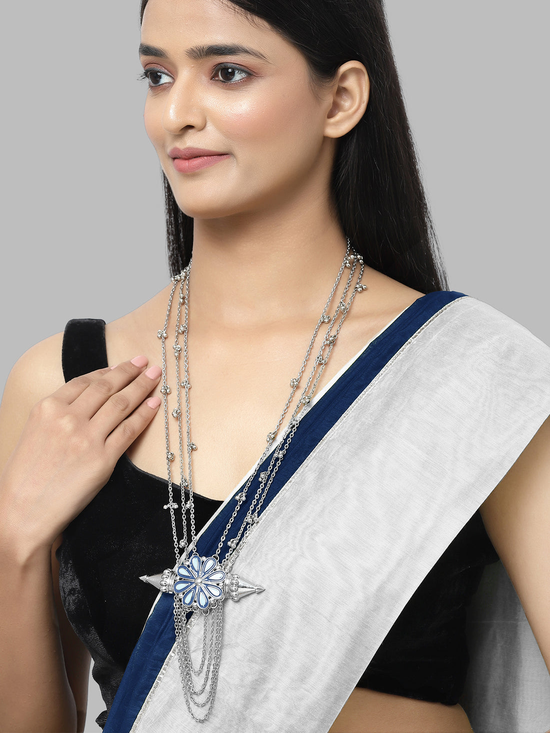 Karatcart Oxidised Silver Plated Blue Meena Long Rani Haar Chain Necklace for Women