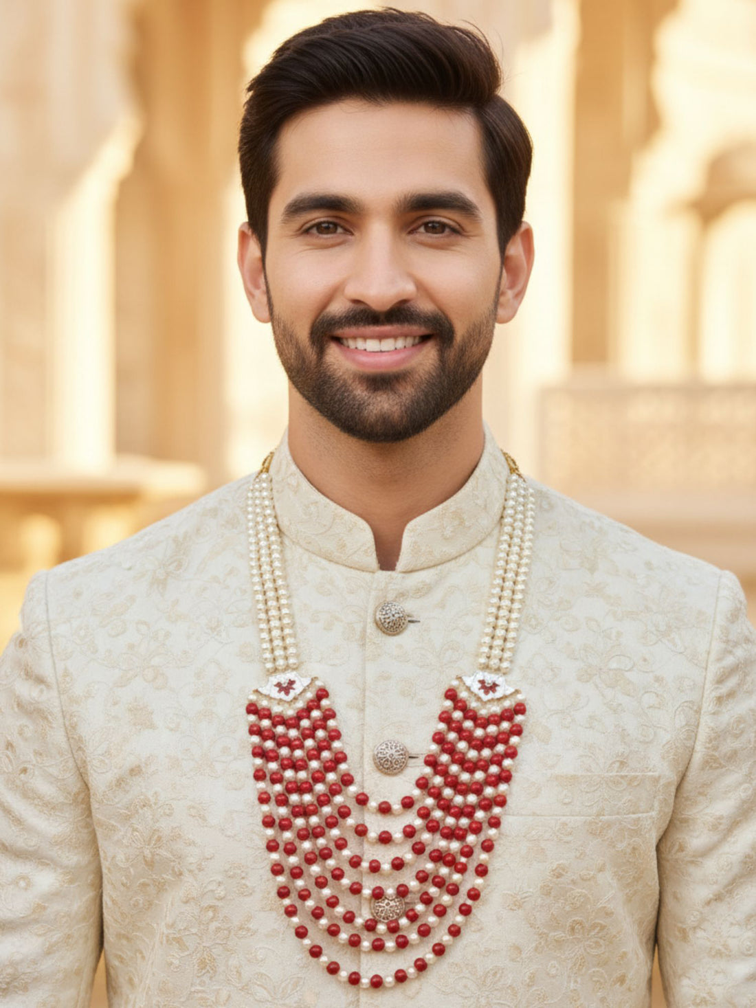 Karatcart Red and White Pearl Enamel Maharaja Haar for Men