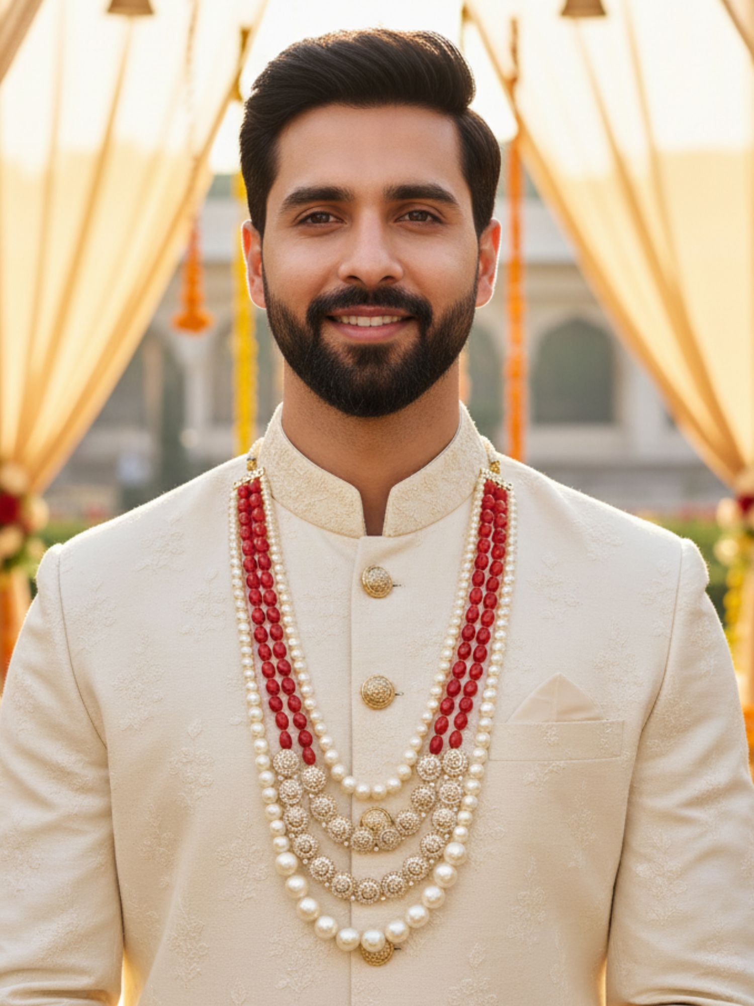 Karatcart Red and White Pearl Kundan Maharaja Haar for Men
