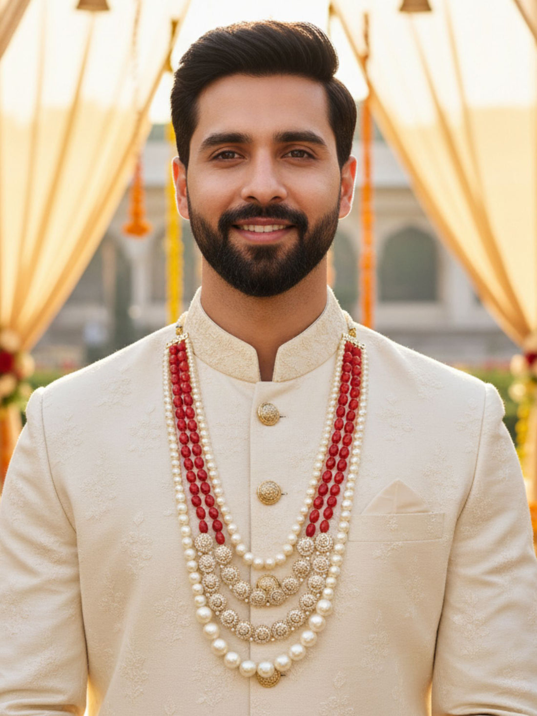 Karatcart Red and White Pearl Kundan Maharaja Haar for Men