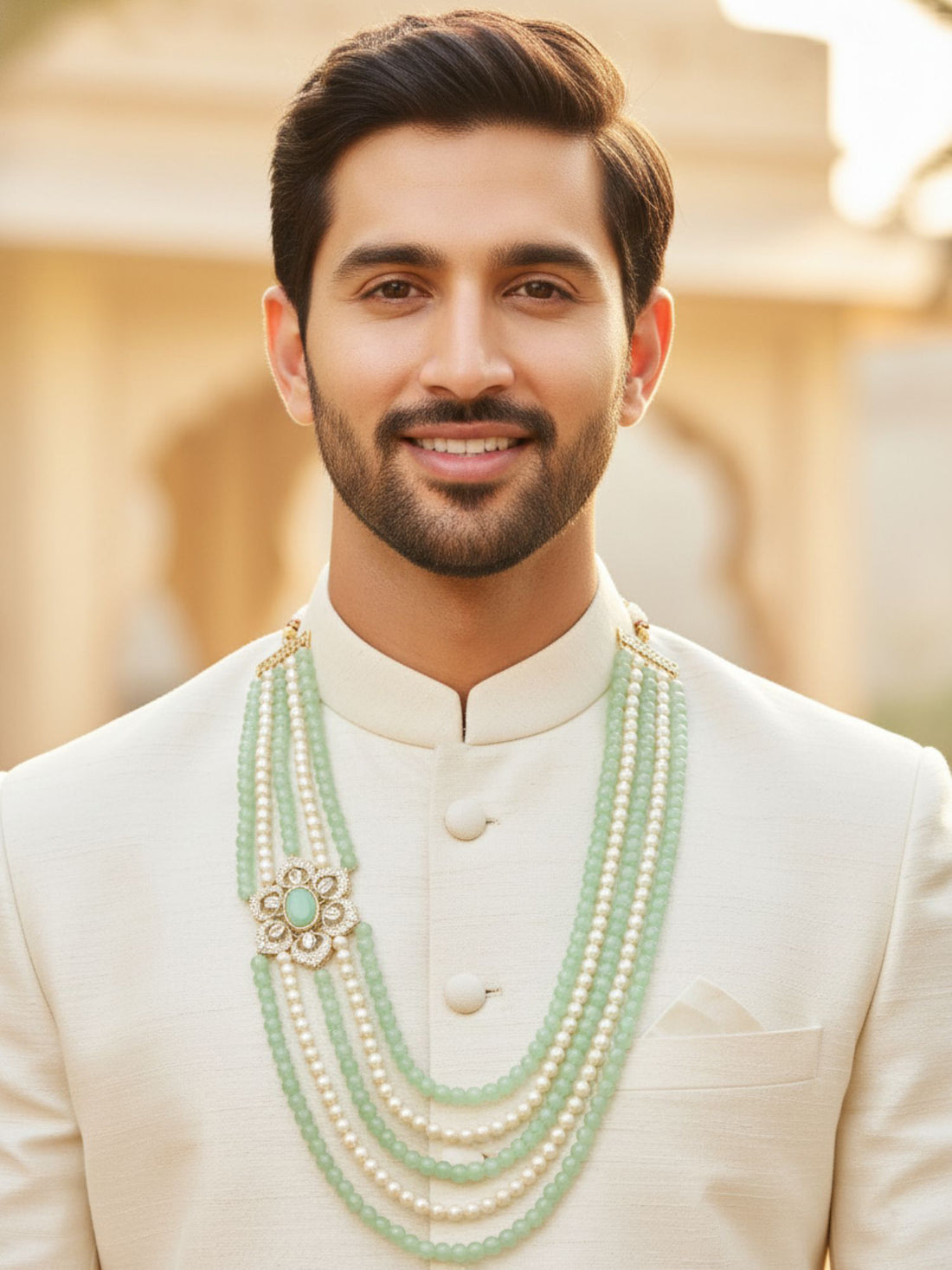 Karatcart Classic Floral Brooch Lime Green Moti Maharaja Haar for Men