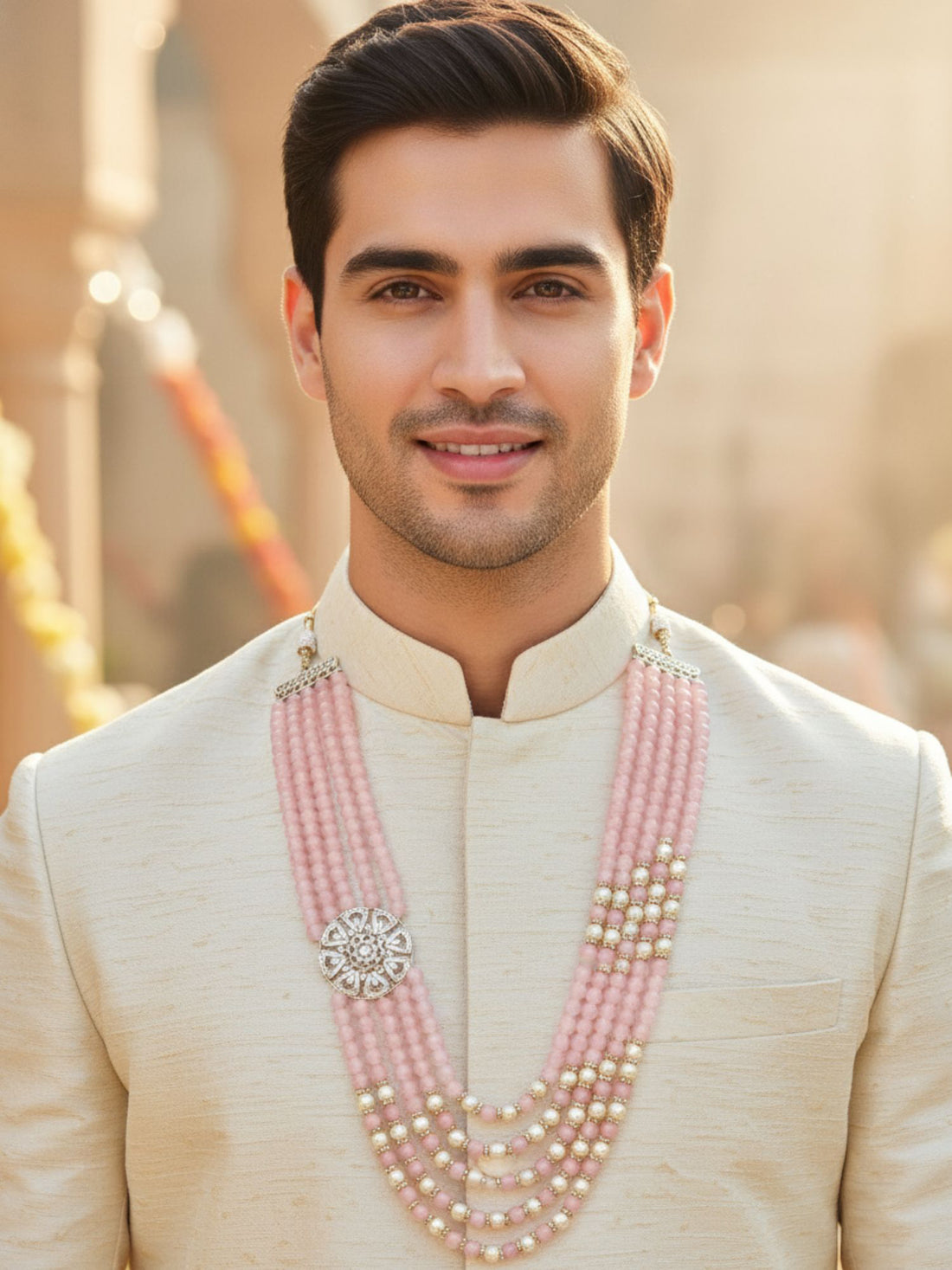 Karatcart Classic Floral Brooch Pink Moti Maharaja Haar for Men