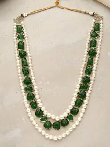 Karatcart Luxurious Green Carved Stone Pearl Maharaja Haar for Men