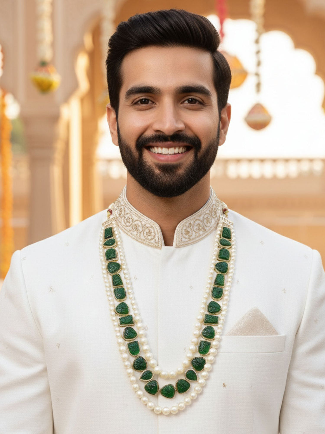 Karatcart Luxurious Green Carved Stone Pearl Maharaja Haar for Men